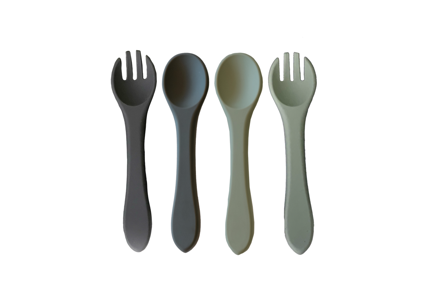 Set of four plastic utensils including two forks and two spoons on a white background