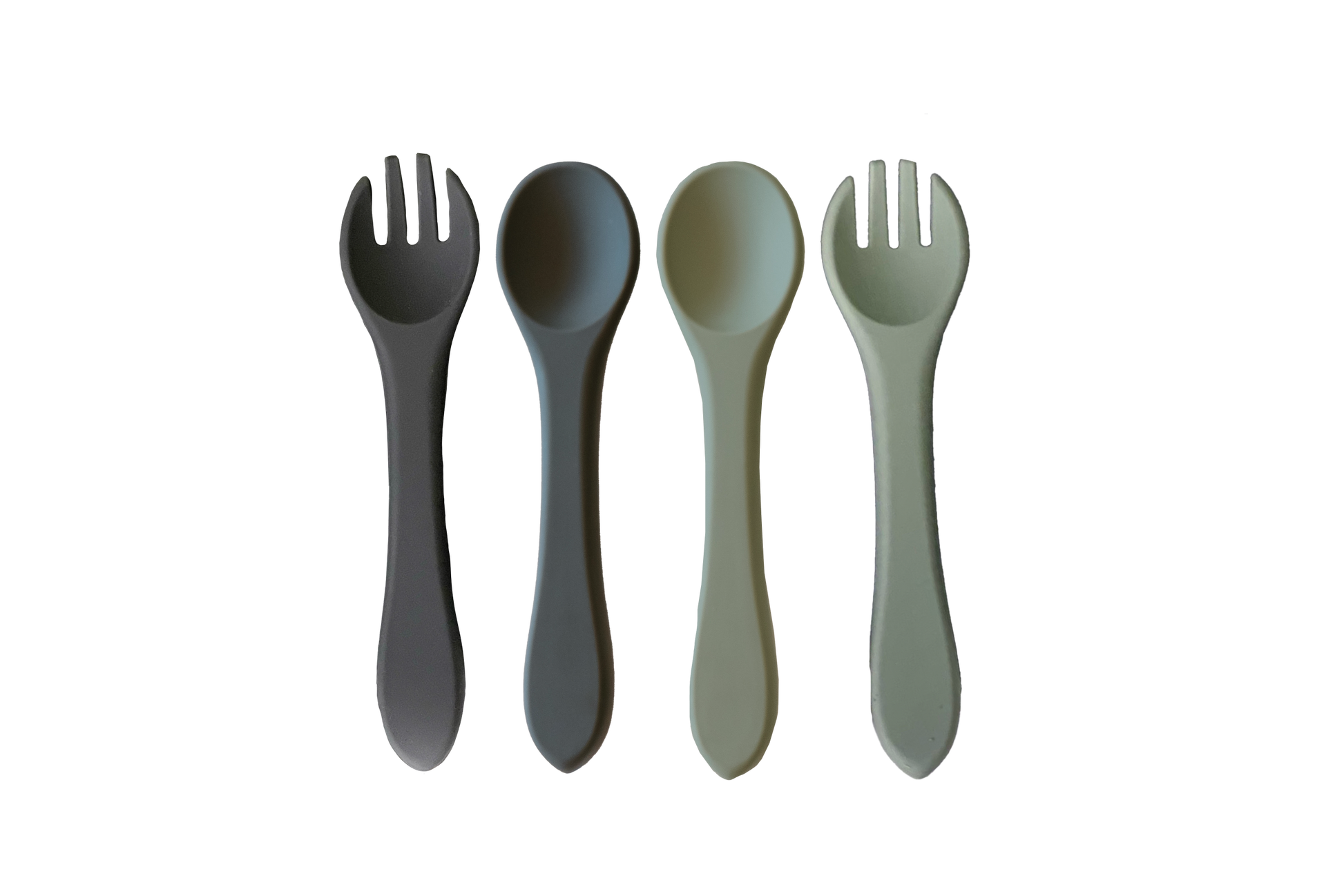 Set of four plastic utensils including two forks and two spoons on a white background