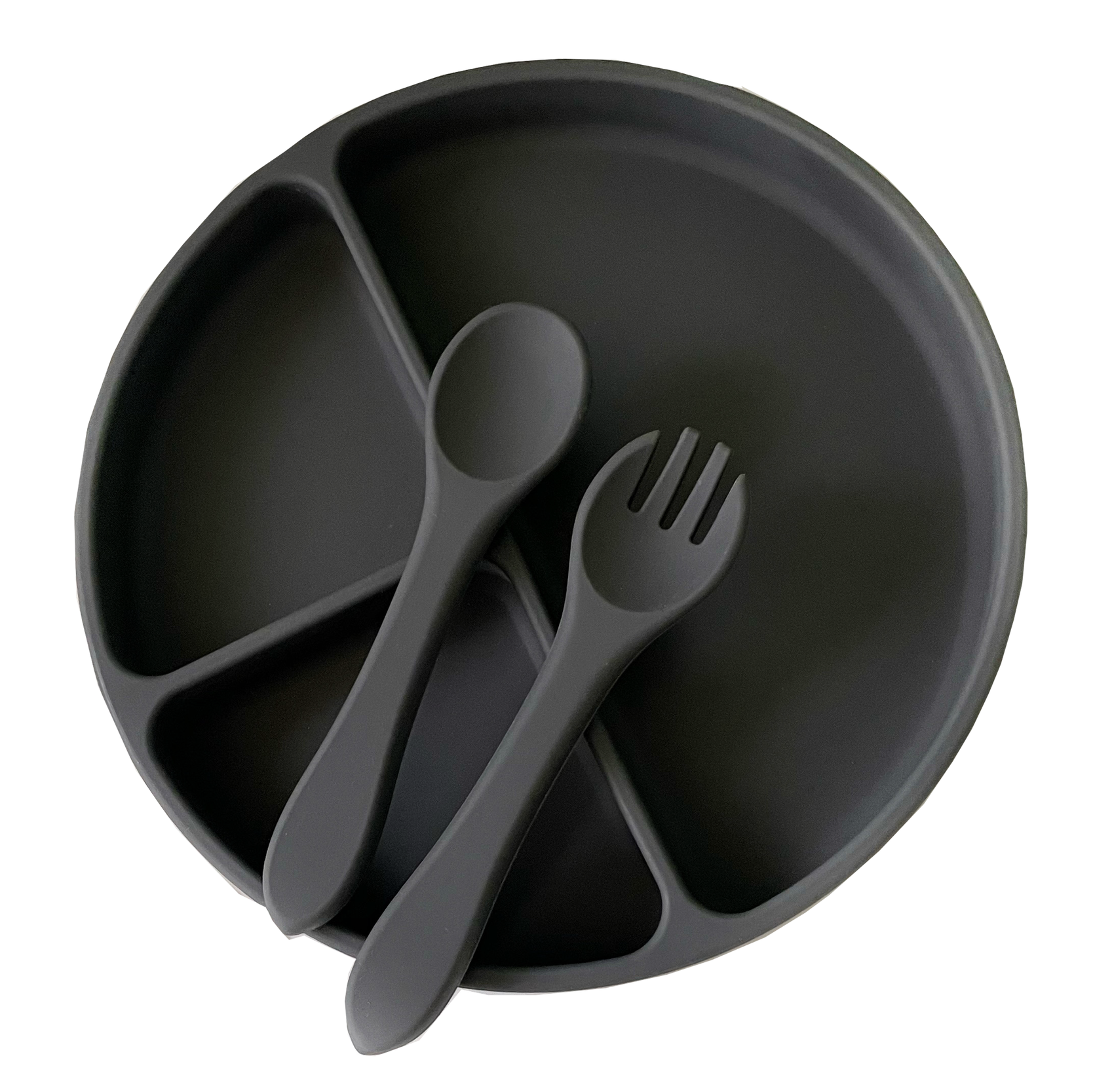 Black divided plate with spoon and fork on a white background