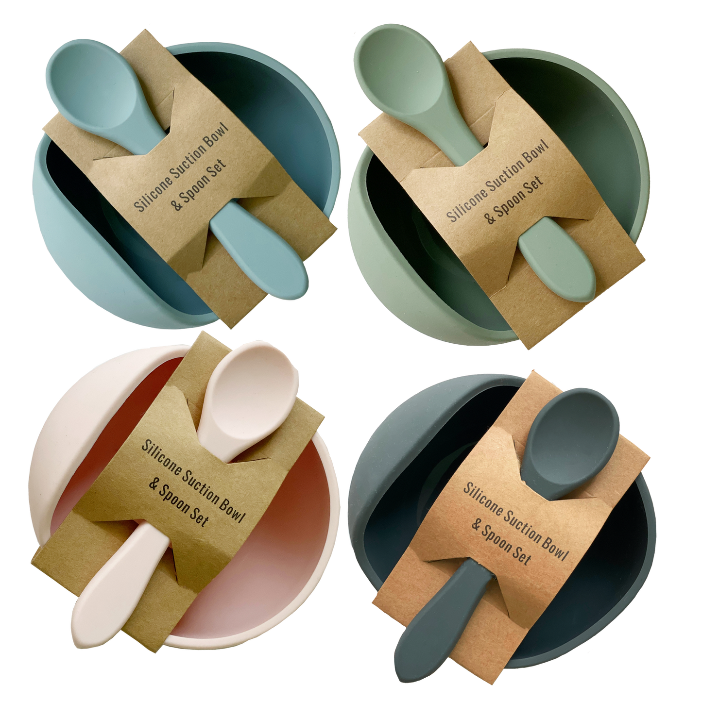 Four silicone suction bowl and spoon sets in different colors with packaging on a white background.