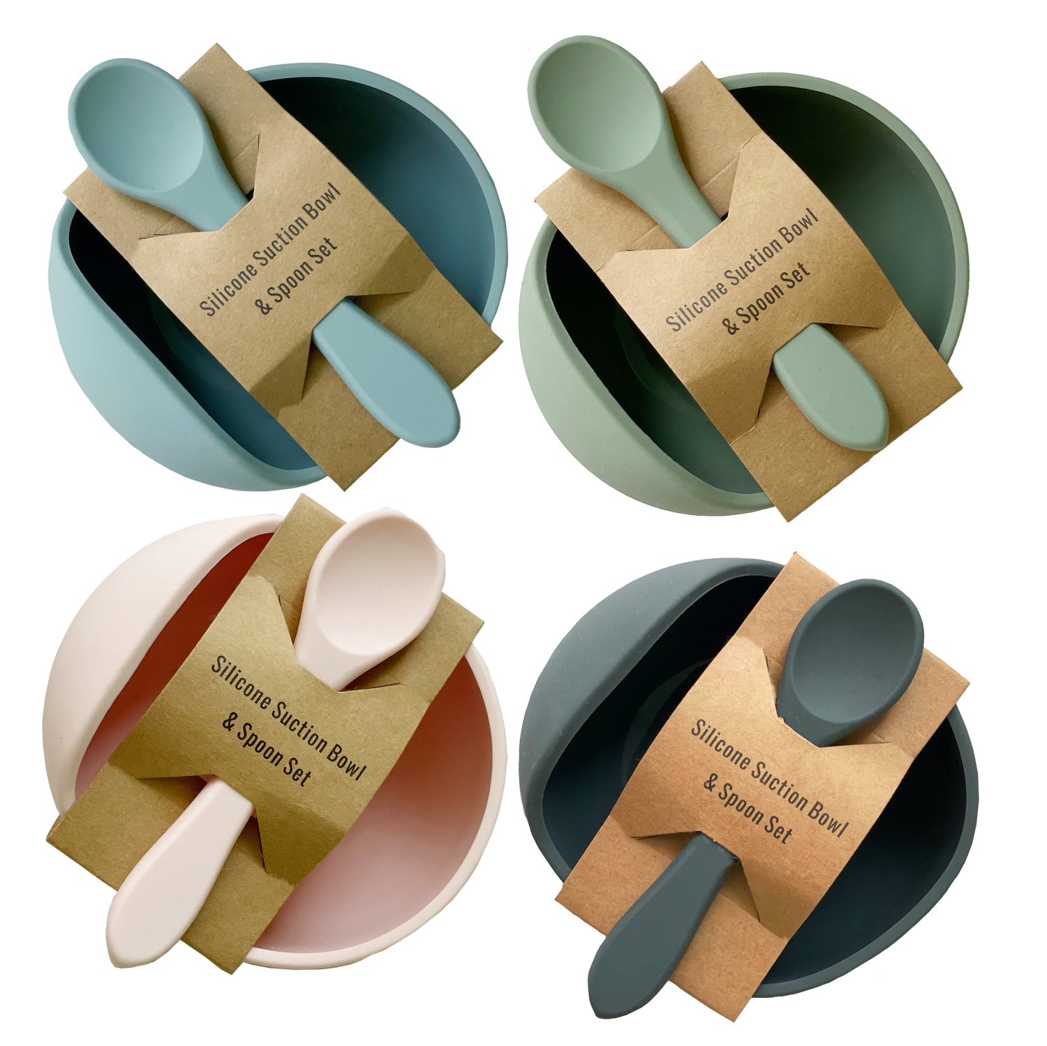 Four silicone suction bowl and spoon sets in different colors with packaging on a white background.